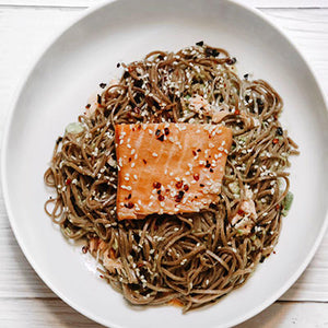 RECIPE:  Avocado Miso Soba Noodles with Hot Smoked Salmon