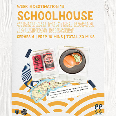 PINTS & PLATES: Schoolhouse Chequers Porter, Bacon, Jalapeno Burgers